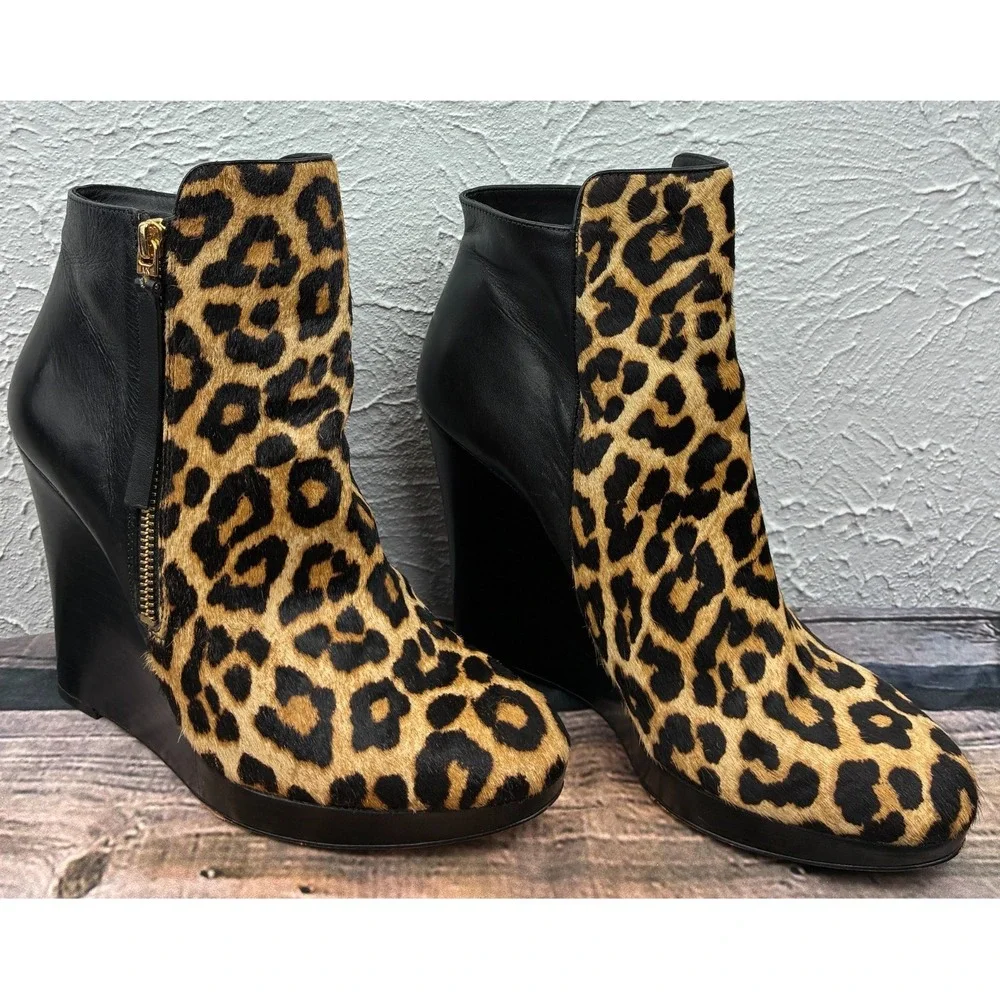 Michael Kors Womens 8M Leopard Calf Hair Platform Ankle Boots Side Zip Booties
